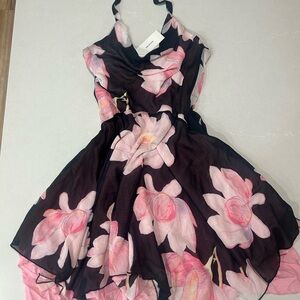 Urban Outfitters Black Halter Floral Cowl-Neck Dress with Pink Blooms